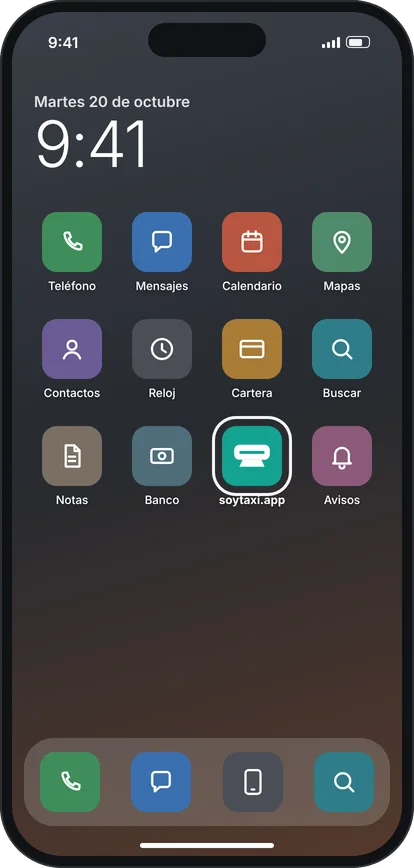 Pantalla de inicio del celular con la app soytaxi.app.