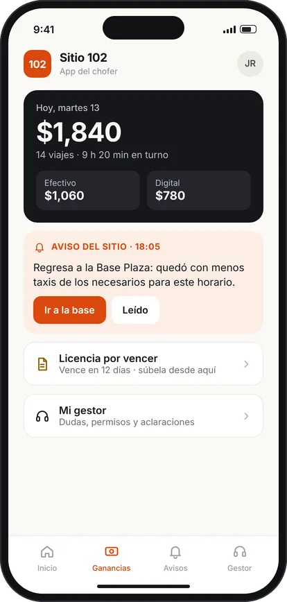 Ganancias del día del chofer, en efectivo y digital, y aviso para regresar a la base.