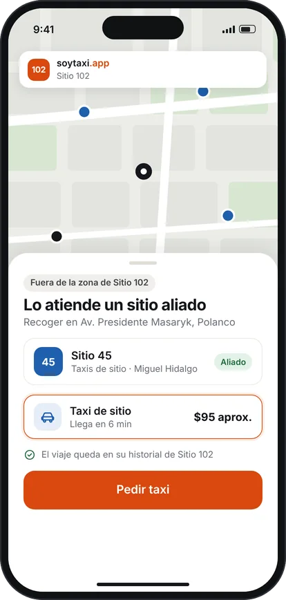 soytaxi.app del Sitio 102 fuera de su zona: lo atiende el Sitio 45, aliado, con taxi de sitio en 6 minutos; el viaje queda en el historial del Sitio 102.