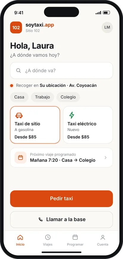 soytaxi.app con el Sitio 102: pedir taxi de sitio o eléctrico y llamar a la base.