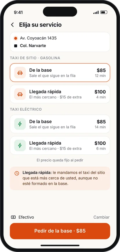 Elegir servicio: taxi de la base, llegada rápida y taxi eléctrico, con su precio.