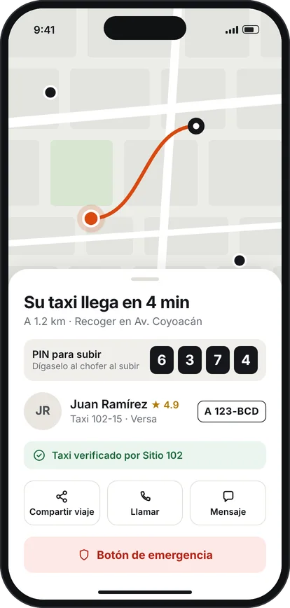 Viaje en curso: tiempo de llegada, PIN para subir, chofer, placas, taxi verificado por el sitio y botón de emergencia.