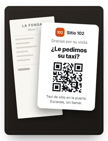 Tarjeta que llega con la cuenta: Gracias por su visita, ¿le pedimos su taxi?, con QR.