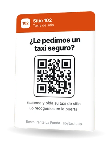 Tarjeta de mesa del Sitio 102 en un restaurante: ¿Le pedimos un taxi seguro? Escanee y pida su taxi de sitio.