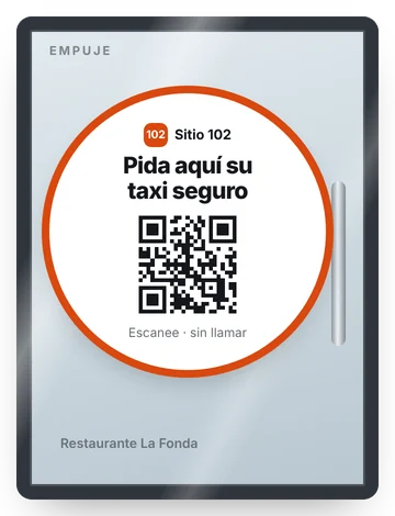 Calcomanía redonda en la puerta del restaurante: Pida aquí su taxi seguro, con QR.